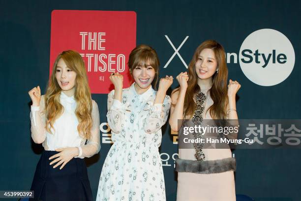 Taeyeon, Tiffany and Seohyun of South Korean girl group Girls' Generation attends the press conference for OnStyle "The TaeTiSeo" at CJ E&M Center on...