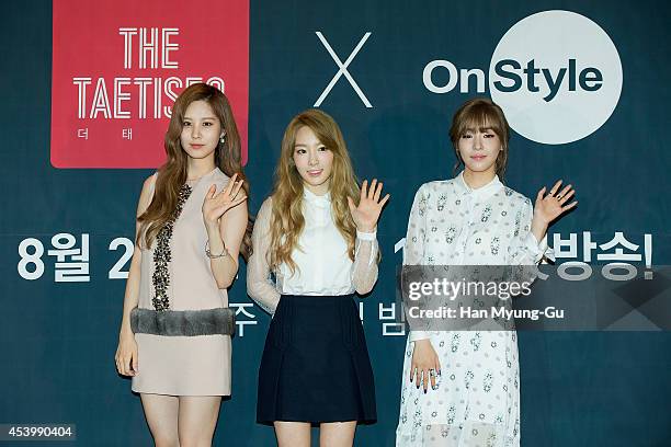 Taeyeon, Tiffany and Seohyun of South Korean girl group Girls' Generation attends the press conference for OnStyle "The TaeTiSeo" at CJ E&M Center on...