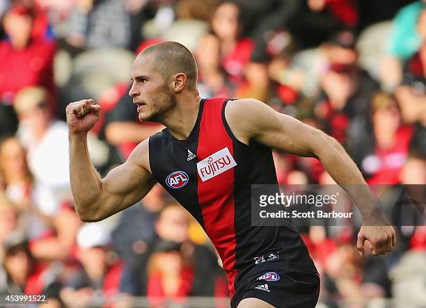 David Zaharakis of the Bombers celebrates after kicking a goal during the round 22 AFL match between the Essendon Bombers and the Gold Coast Suns at...