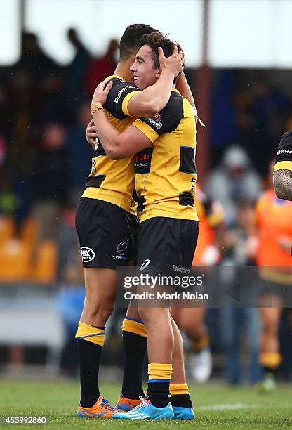 Spirit players celebrate winning during the round one National Rugby Championship match between the Canberra Vikings and Perth Spirit at Viking Park...