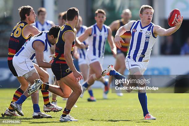 Jack Ziebell of the Kangaroos gathers the ball during the round 22 AFL match between the North Melbourne Kangaroos and the Adelaide Crows at...