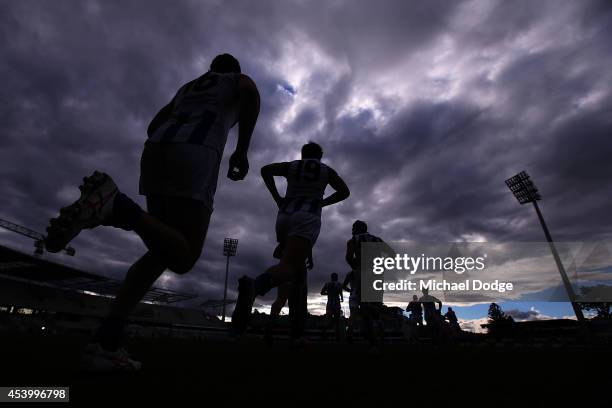 Kangaroos players run onto the ground during the round 22 AFL match between the North Melbourne Kangaroos and the Adelaide Crows at Blundstone Arena...