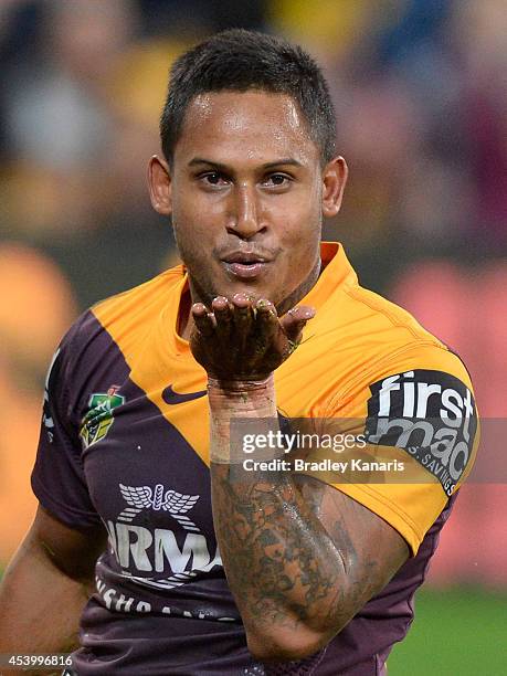 Ben Barba of the Broncos celebrates a try during the round 24 NRL match between the Brisbane Broncos and the Newcastle Knights at Suncorp Stadium on...