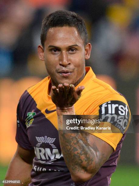 Ben Barba of the Broncos celebrates a try during the round 24 NRL match between the Brisbane Broncos and the Newcastle Knights at Suncorp Stadium on...