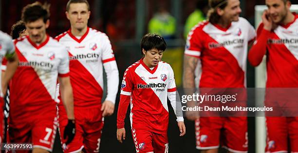 Yoshiaki Takagi of Utrecht walks off the ground after victory in the Dutch Eredivisie match between FC Utrecht and NEC Nijmegen held at Stadion...