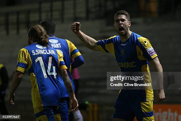 Dan Fithcett of Salisbury City celebrates after scoring his teams first goal and the equaliser during the FA Cup Second Round match between Port Vale...