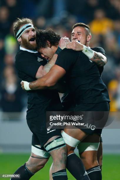 Kieran Read of the All Blacks congratulates Steven Luatua on his try with TJ Perenara during The Rugby Championship match between the New Zealand All...