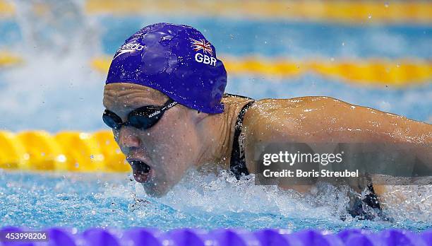 Jemma Lowe of Great Britain competes in the women's 200m butterfly heats during day 11 of the 32nd LEN European Swimming Championships 2014 at...