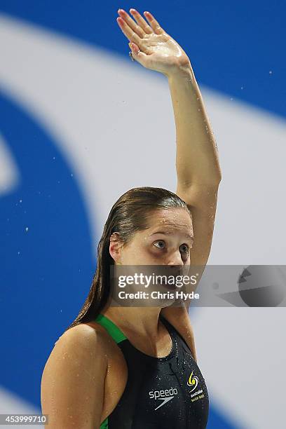 Belinda Hocking of Australia celebrates after winning the Women's 200m Backstroke Final during day three of the 2014 Pan Pacific Championships at...