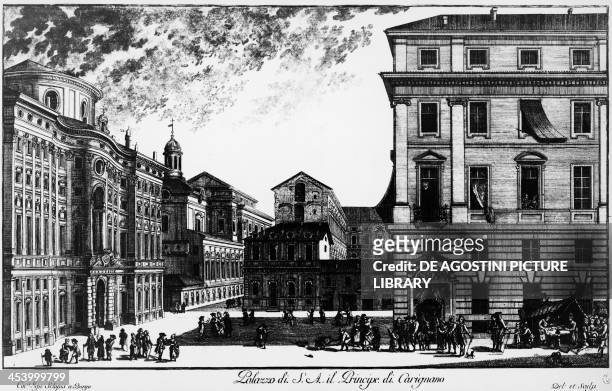 Square and Palazzo Carignano in Turin, ca 1775, engraving by Ignazio Sclopis, Count of Borgo . Italy, 18th century. Turin, Biblioteca Reale