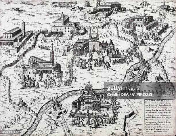 Pilgrims visiting the Seven Churches of Rome during the Holy Year of 1575, engraving by Antonio Lafrery . Italy, 16th century.