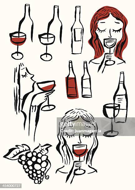wines , glasses, woman tasting wine, grape and bunch of grapes. - sucking stock illustrations