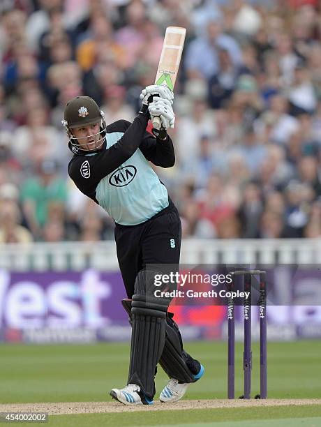 Jason Roy of Surrey bats during the Semi Final Natwest T20 Blast match between Birmingham Bears and Surrey at Edgbaston on August 23, 2014 in...