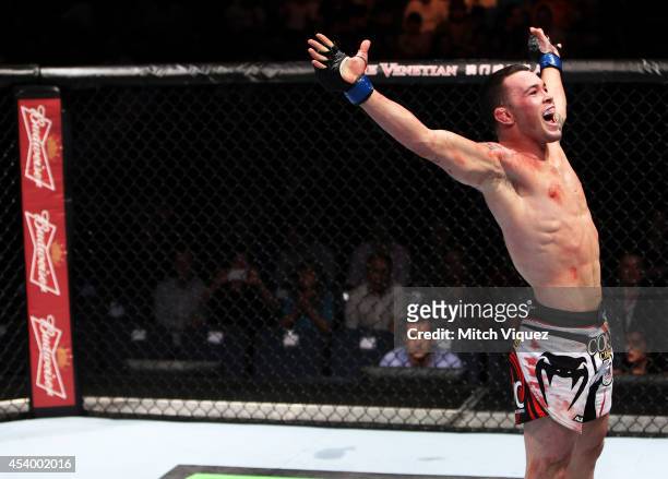 Colby Covington celebrates his win over Wang Anying in their welterweight fight during the UFC Fight Night event at the Venetian Macau on August 23,...