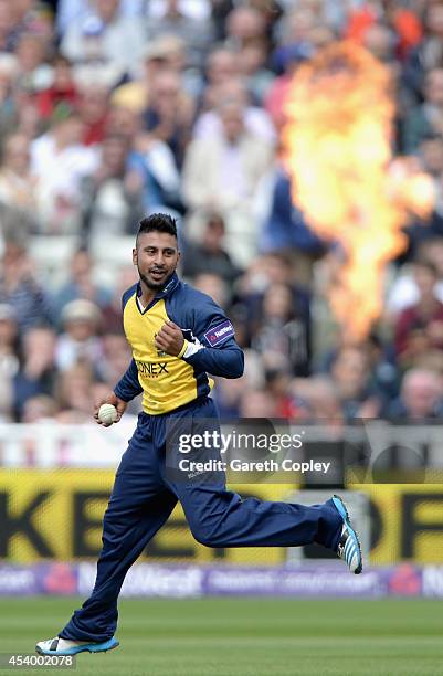 Jeetan Patel of Birmingham Bears celebrates dismissing Kevin Pietersen of Surrey during the Semi Final Natwest T20 Blast match between Birmingham...