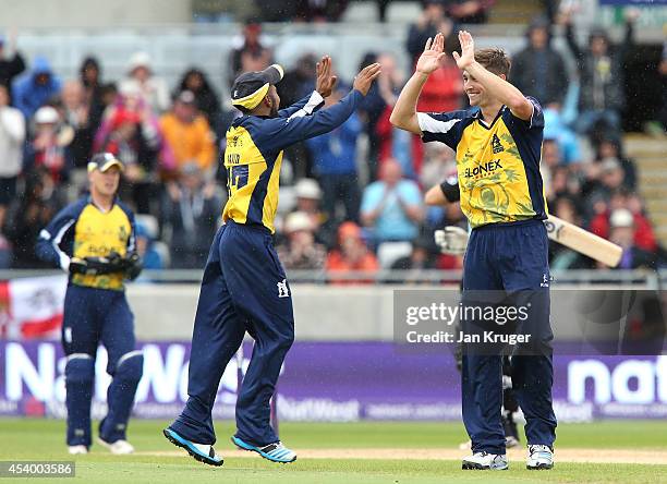 Ateeq Javid and Chris Woakes of Birmingham Bears celebrate their win during the Natwest T20 Blast Semi Final match between Birmingham Bears and...