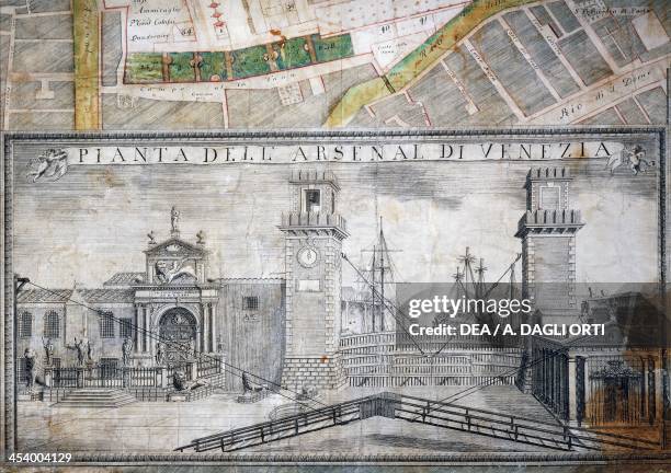 Arsenal Towers in Venice, engraving by Carlo Spongia. Italy, 18th century. Venice, Museo Storico Navale