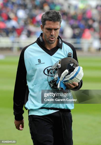 Kevin Pietersen of Surrey after losing the Semi Final Natwest T20 Blast match between Birmingham Bears and Surrey at Edgbaston on August 23, 2014 in...