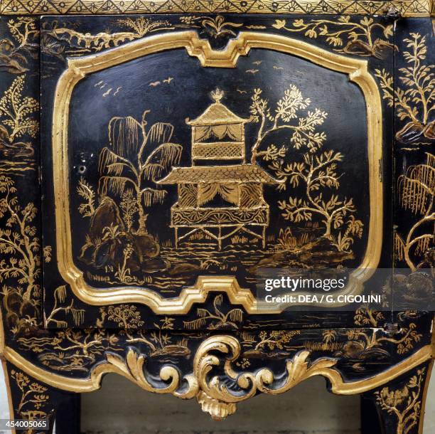 Detail from a piece of lacquered furniture with Chinese motifs, Chinese Room, Villa Durazzo-Centurione, Santa Margherita Ligure, Liguria, Italy.