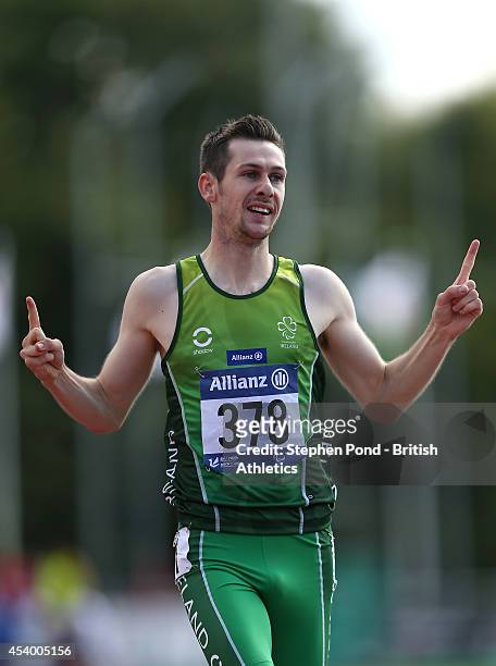 Michael McKillop of Ireland celebrates as he wins the Men's 1500m T38 event during day five of the IPC Athletics European Championships at Swansea...