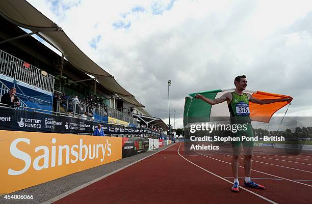 Michael McKillop of Ireland celebrates after winning the Men's 1500m T38 event during day five of the IPC Athletics European Championships at Swansea...