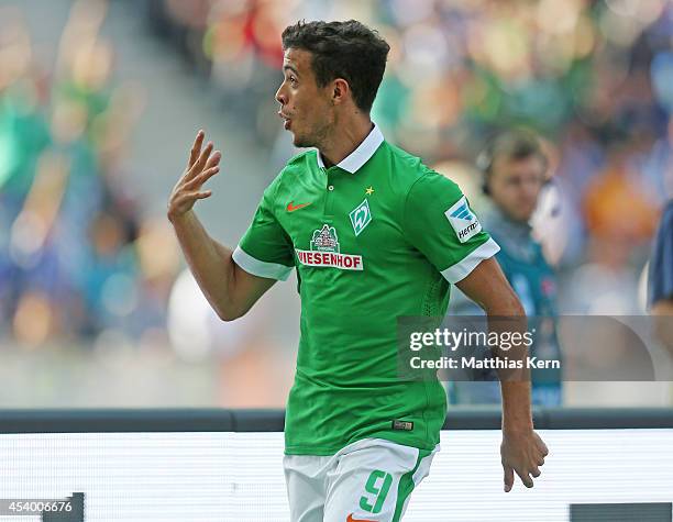 Franco Matias Di Santo of Bremen jubilates after scoring the fourth goal during the Bundesliga match between Hertha BSC and SV Werder Bremen at...