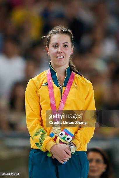 Jessica Thornton of Australia celebrates during the medal ceremony after the Women's 400m Final of Nanjing 2014 Summer Youth Olympic Games at the...