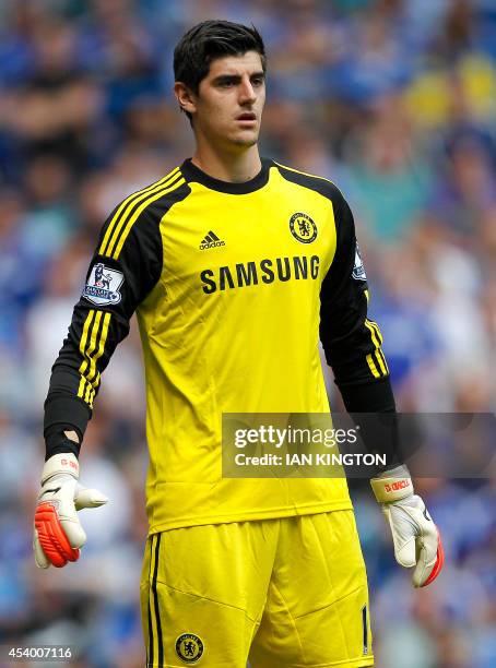 Chelseas Belgian goalkeeper Thibaut Courtois is pictured in action during the English Premier League football match between Chelsea and Leicester...