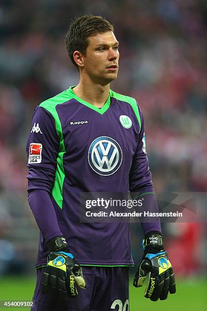 Max Gruen, keeper of Wolfsburg looks on during the Bundesliga match between FC Bayern Muenchen and VfL Wolfsburg at Allianz Arena on August 22, 2014...