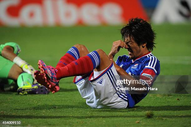 Jungo Fujimoto of Yokohama F.Marinos looks on during the J. League match between Yokohama F.Marinos and Kawasaki Frontale at Nippatsu Mitsuzawa...