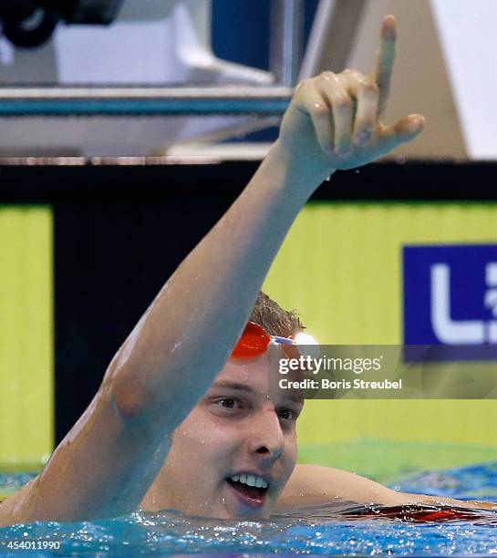 Adam Barrett of Great Britain celebrates after winning the gold medal in the men's 100m butterfly final during day 11 of the 32nd LEN European...