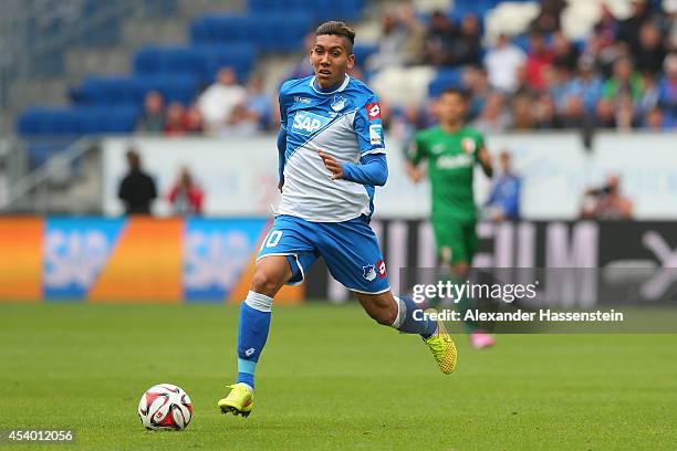 Roberto Firminio of Hoffenheim runs with the ball during the Bundesliga match between TSV 1899 Hoffenheim and FC Augsburg at Wirsol...