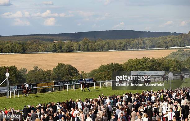 Shane Kelly riding Tall Ship comes in to win the Chichester Observer Stakes in front of Harry Bentley riding Artful Rogue at Goodwood racecourse on...