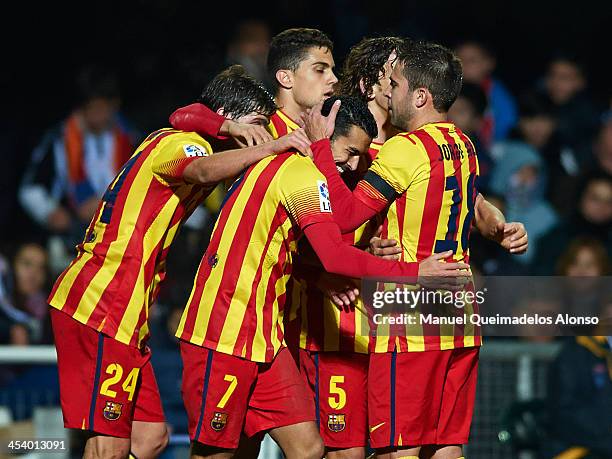 Pedro of Barcelona celebrate with his team-mates Sergi Roberto , Bartra, Carles Puyol and Jordi Alba during the Copa del Rey Round of 32 match...