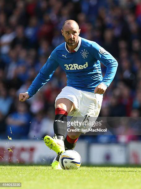 Kris Boyd of Rangers controls the ball during the Scottish Championship League Match between Rangers and Dumbarton, at Ibrox Stadium on August 23,...