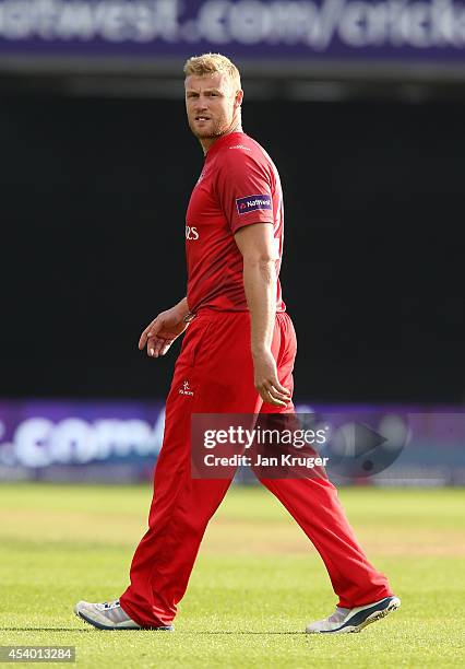 Andrew Flintoff of Lancashire Lightning looks on before the Natwest T20 Blast Final match between Birmingham Bears and Lancashire Lightning at...