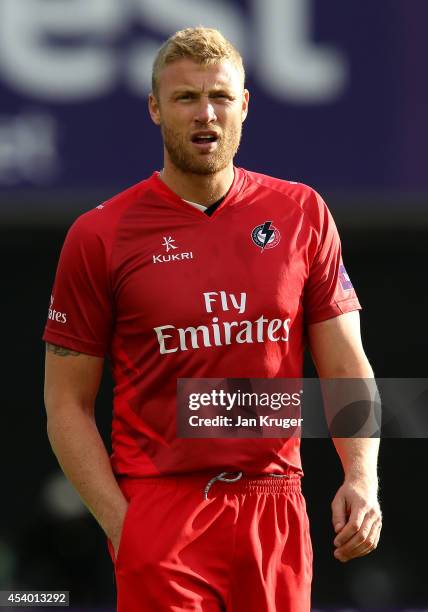 Andrew Flintoff of Lancashire Lightning looks on before the Natwest T20 Blast Final match between Birmingham Bears and Lancashire Lightning at...