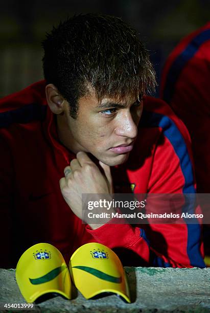 Neymar of Barcelona sits on the substitutes bench prior to start the Copa del Rey, Round of 32 match between FC Cartagena and FC Barcelona at Estadio...