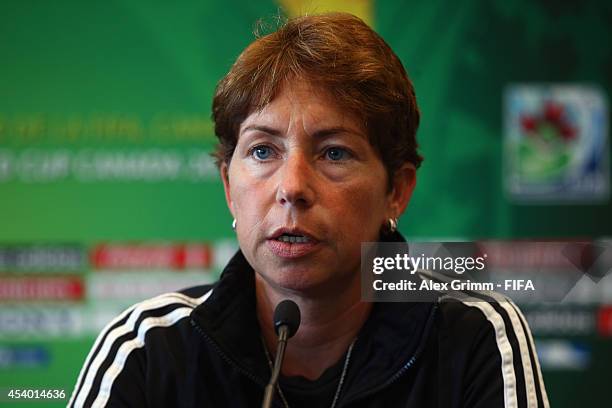 Head coach Maren Meinert oif Germany talks to the media during the FIFA Women's World Cup Canada 2014 Press Conference at Le Westin hotel on August...