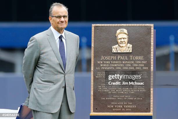 Former New York Yankees manager Joe Torre stands with his plaque that will be installed in Monument Park at Yankee Stadium during a ceremony prior to...