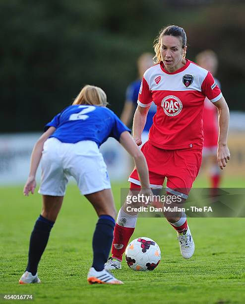Corinne Yorston of Bristol takes on Vicky Jones of Everton Ladies during the FA SWL 1 match between Bristol Academy Womens FC and Everton Ladies FC...