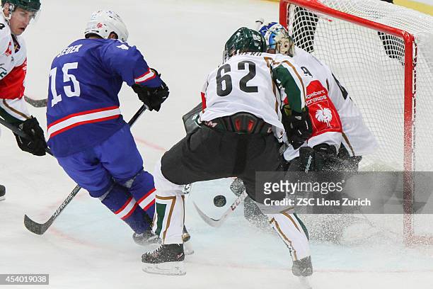Justin Pogge of Faerjestad tries to block the puck as Mathias Seger of ZSC tries to get the rebound during the Champions Hockey League group stage...