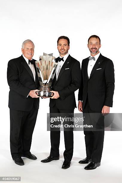 Sprint Cup Series Champion Jimmie Johnson , team owner Rick Hendrick and crew chief Chad Knaus pose for a portrait prior to the NASCAR Sprint Cup...