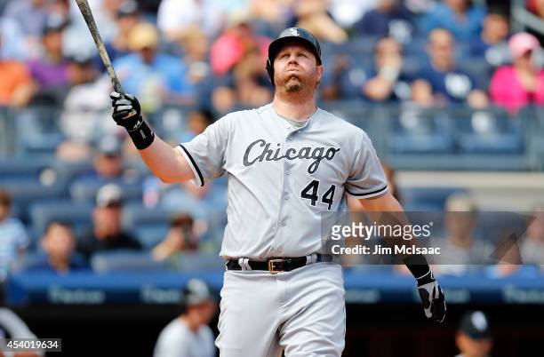 Adam Dunn of the Chicago White Sox reacts after striking out in the third inning against the New York Yankees at Yankee Stadium on August 23, 2014 in...