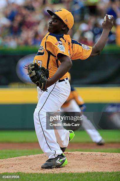 Starting pitcher Joshua Houston of the Great Lakes Team from Chicago, Illinois throws to a batter from the West Team from Las Vegas, Nevada during...