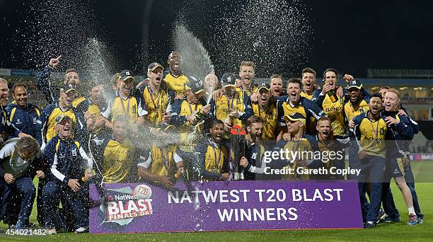 Birmingham Bears celebrate winning the Natwest T20 Blast final between Lancashire Lighting and Birmingham Bears at Edgbaston on August 23, 2014 in...