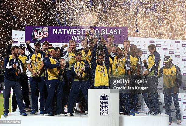 Varun Chopra of Birmingham Bears lifts the trophy after victory during the Natwest T20 Blast Final match between Birmingham Bears and Lancashire...
