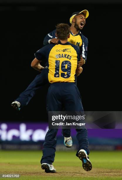 Ateeq Javid and Chris Woakes of Birmingham Bears celebrate the win during the Natwest T20 Blast Final match between Birmingham Bears and Lancashire...