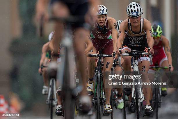 Elite woman athlete Margit Vanek from Hungria competes behind Maakie Caelers from The Nederlands on the biking course at the Elite Woman Spring Race...