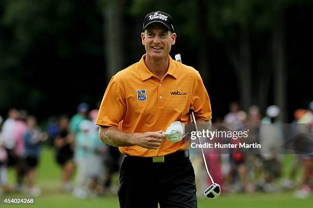 Jim Furyk reacts on the 18th green during the third round of The Barclays at The Ridgewood Country Club on August 23, 2014 in Paramus, New Jersey.